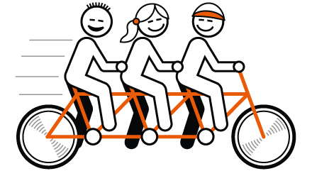Zeichnung: Ein dreiköpfiges Team auf einem Fahrrad